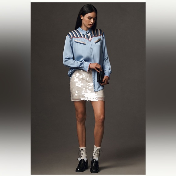 🎉SUPER RARE🎉Anthropologie NWT  Long-Sleeve Silky
Western Buttondown Blouse M. - Picture 4 of 11